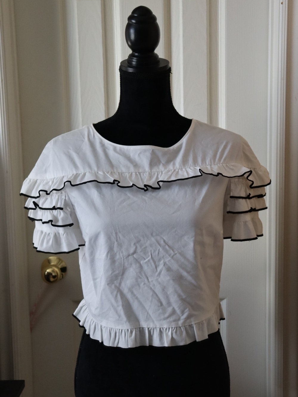 Zara White Ruffle Crop Top with Black Trim